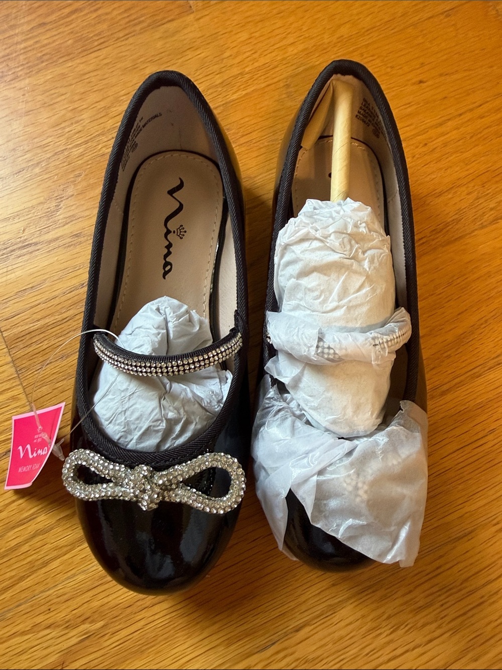 Nina Shoes Black Patent Flats with Crystal Bow and Strap